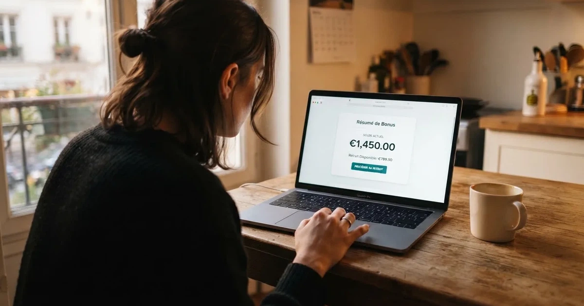 Joueur consultant sur un ordinateur portable les conditions de mise et le plafond de retrait d'un bonus casino
