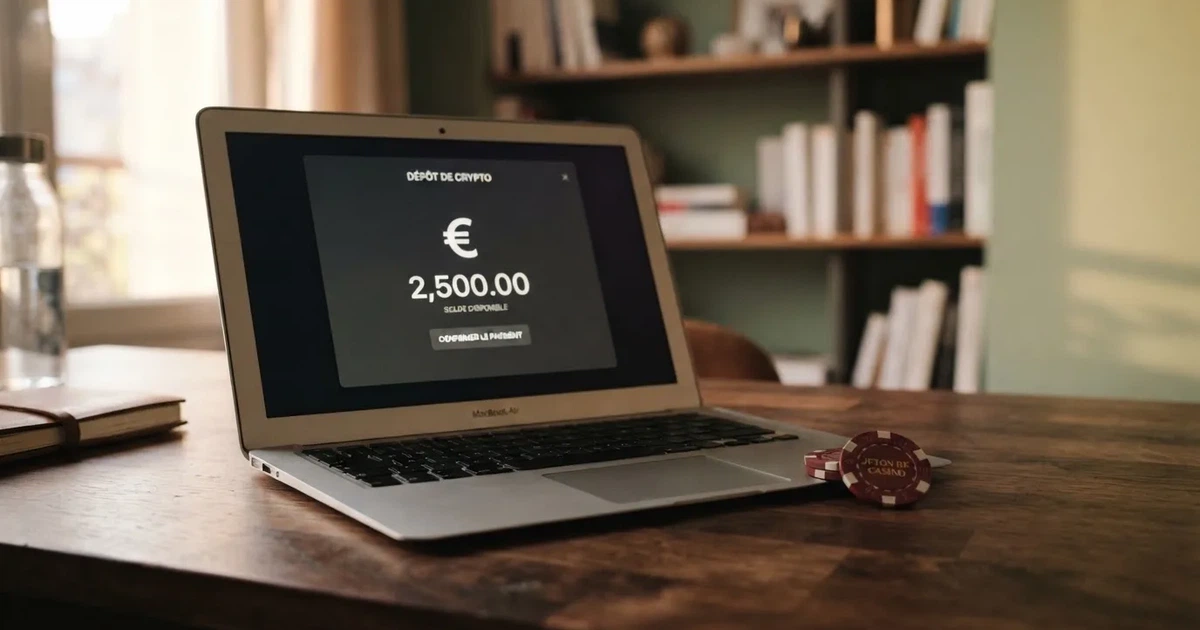 Écran de casino en ligne crypto affichant un dépôt en bitcoin sans introduire de coordonnées bancaires