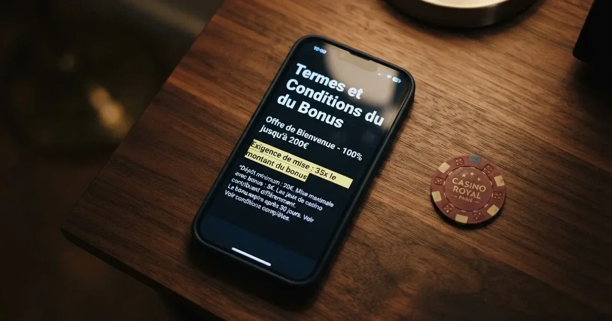 Gros plan sur les conditions générales d'un bonus affichées à l'écran, avec la ligne du multiplicateur de mise surlignée