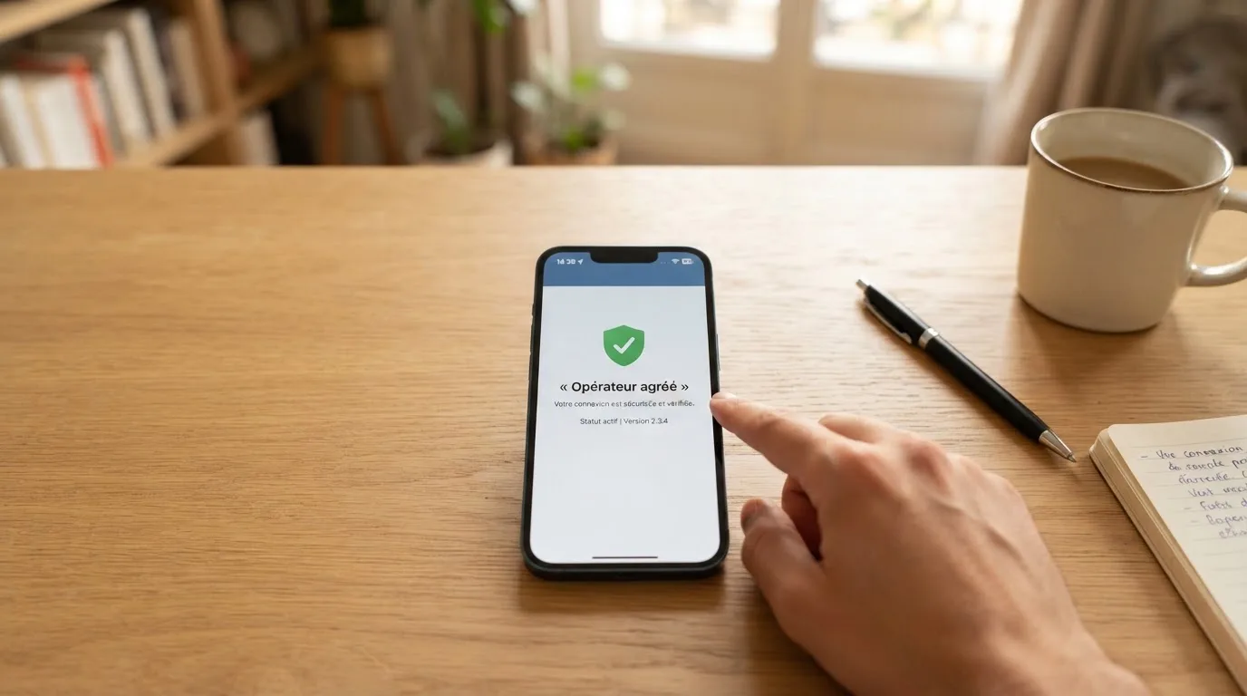 document officiel stylisé représentant un agrément ANJ consulté sur smartphone