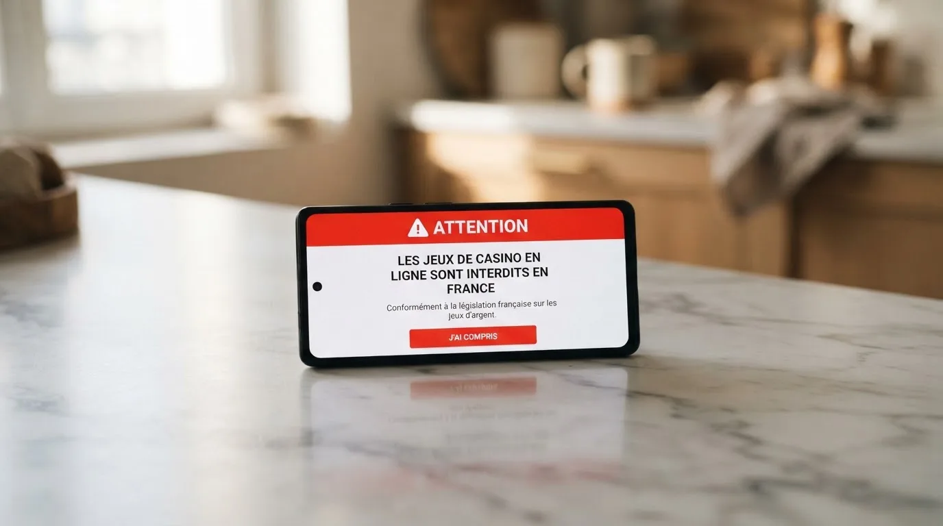 Bandeau d'avertissement rappelant l'interdiction du casino en ligne classique en France
