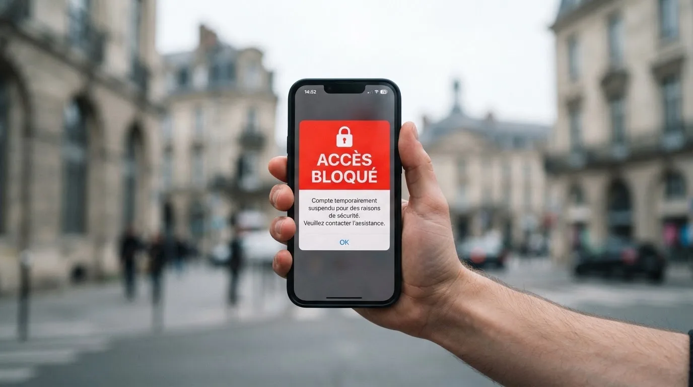 Main tenant un smartphone affichant un message d'avertissement d'accès bloqué