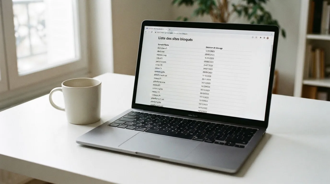 A browser window displaying a long CSV-style list of blocked website domains with decision dates in a column, no brand logos