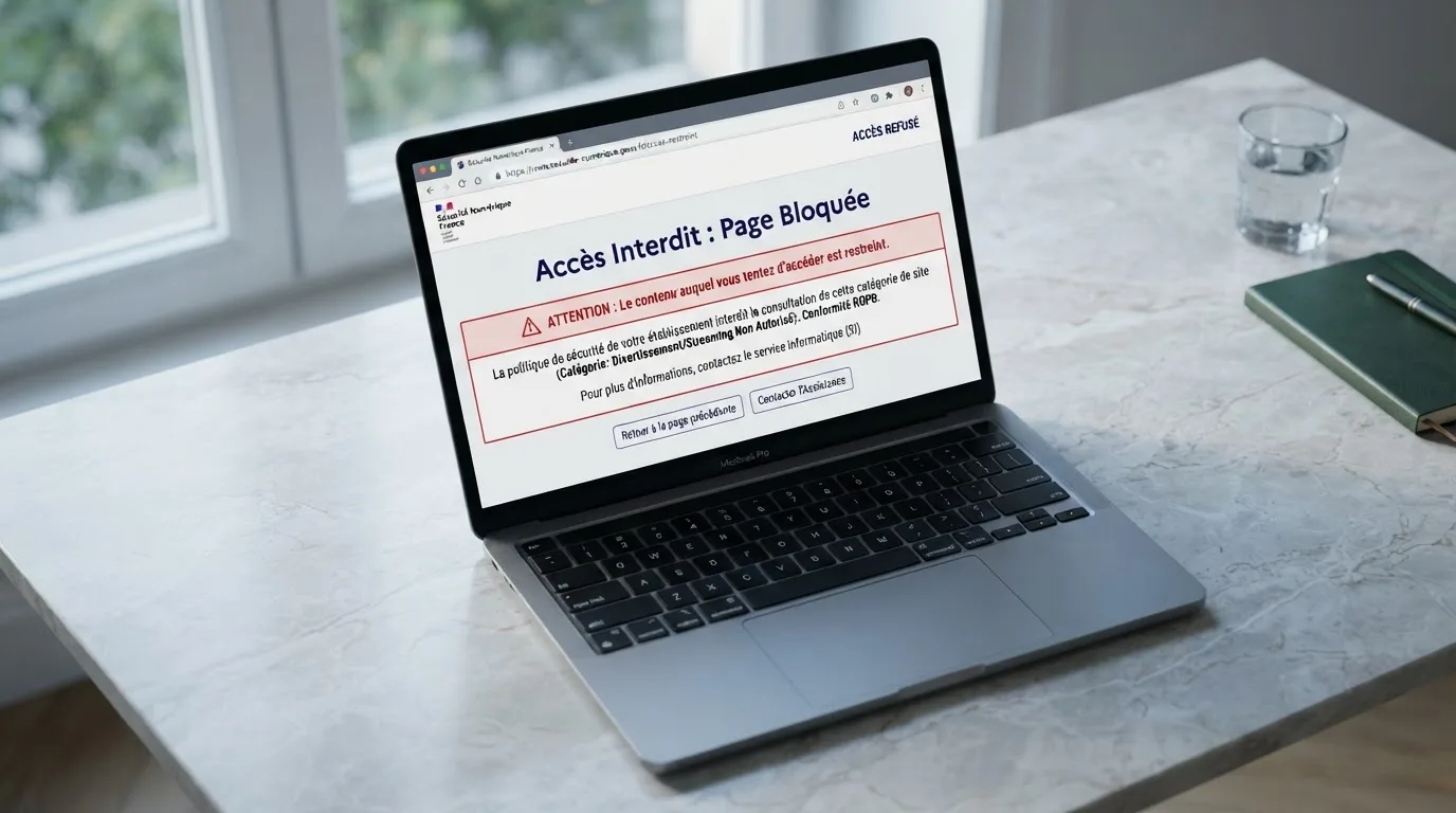 Page d'un navigateur affichant un message d'accès bloqué à un site de jeu, symbolisant le blocage administratif