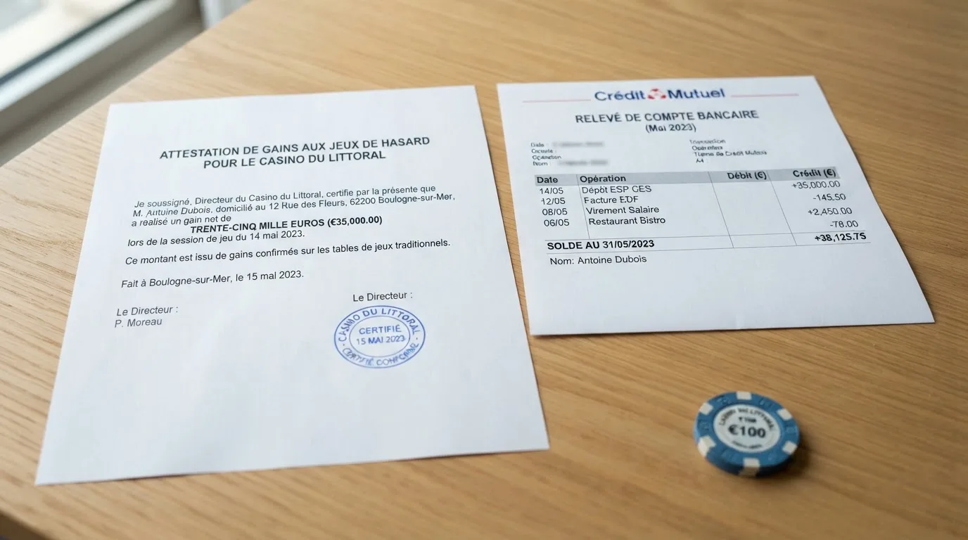 Document d'attestation de gain posé à côté d'un relevé bancaire sur un bureau