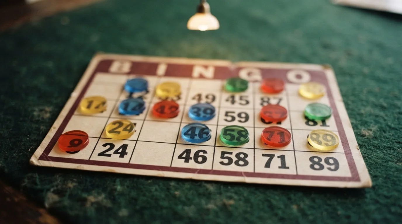 Grille de bingo avec un carton 3 lignes sur 9 colonnes et des jetons numérotés posés dessus