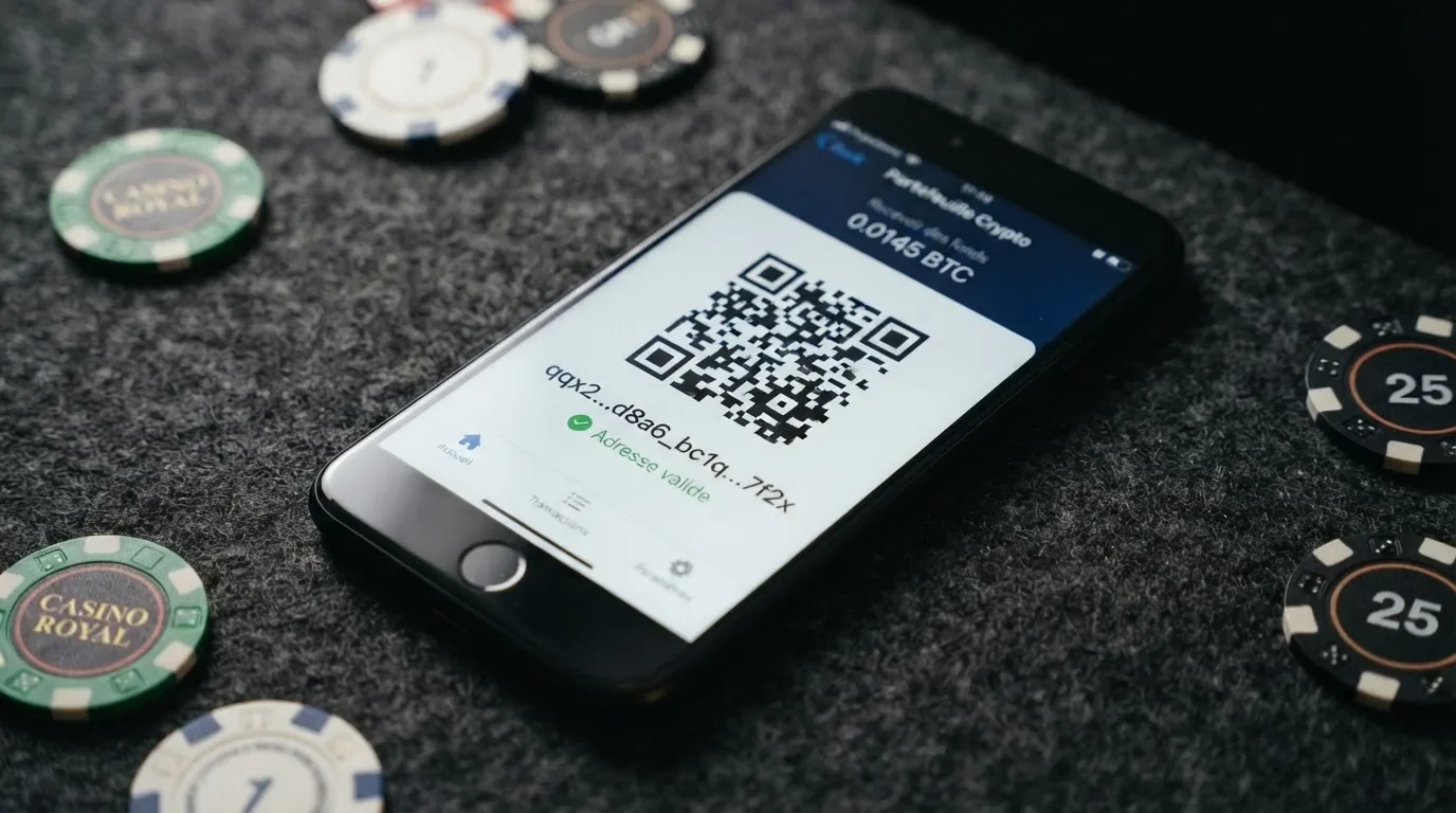 Gros plan sur une application de portefeuille crypto affichant une adresse Bitcoin Cash au format CashAddr commençant par la lettre q, sur fond de pièces BCH.