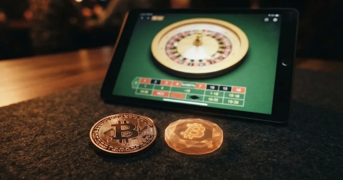 Pièces physiques et jeton numérique Cardano (ADA) posés à côté d'un écran affichant un casino en ligne