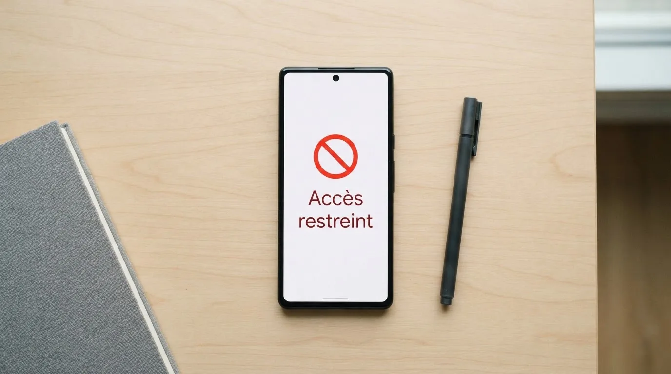 Écran de smartphone affichant un avertissement officiel sur les jeux d'argent illégaux en ligne en France