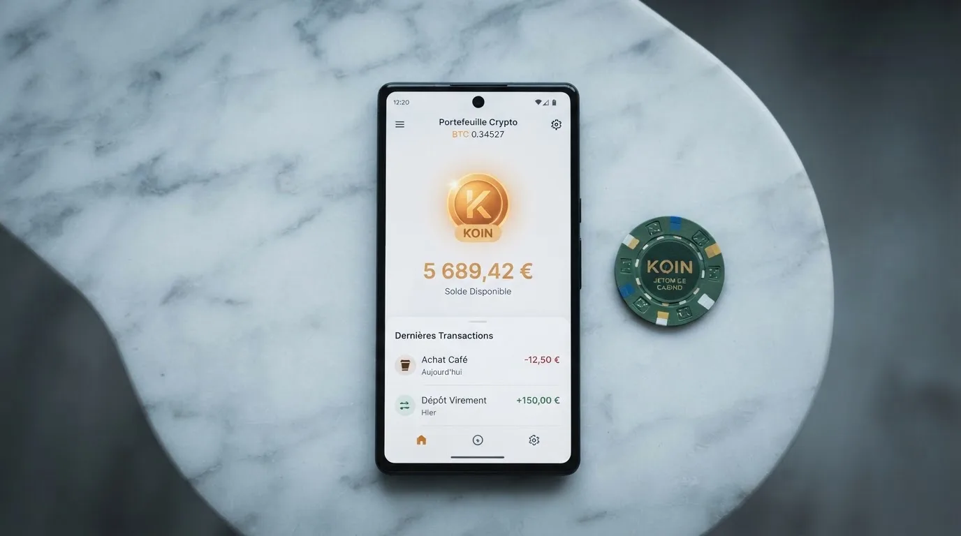 Portefeuille numérique affichant un solde en cryptomonnaie prêt à être transféré vers un compte de jeu