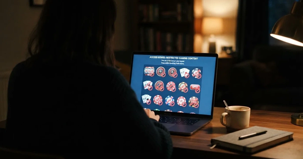 a French player looking at a screen listing several offshore casino brand logos crossed out with a « blocked » ribbon