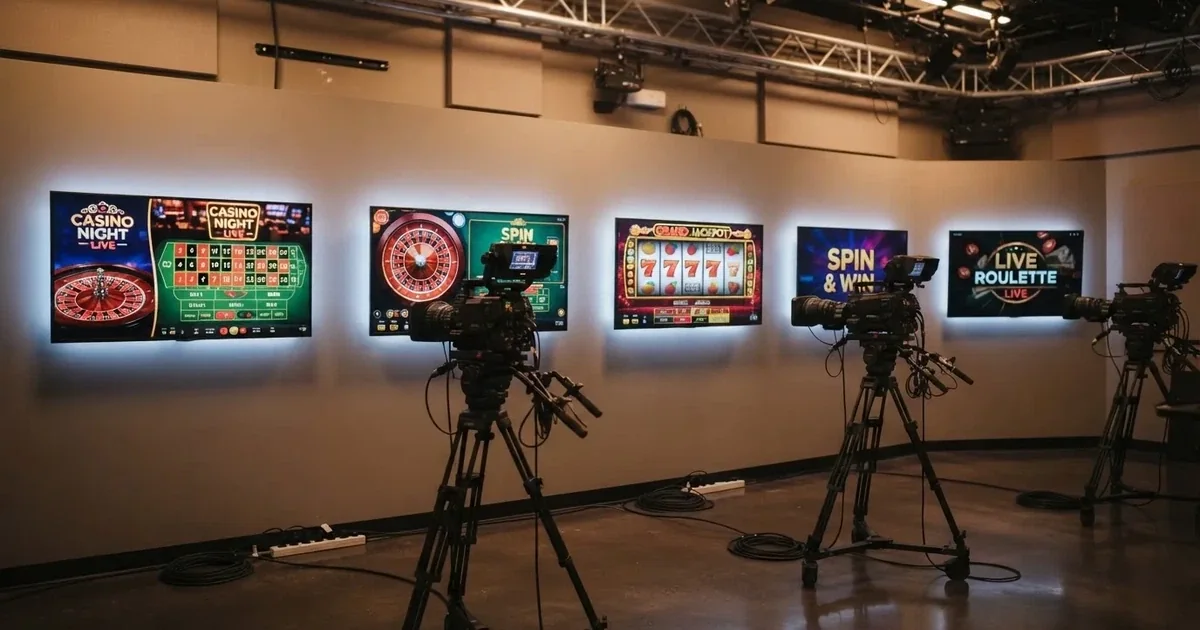 a games-technology supplier's logo wall shown behind a row of casino monitors in a broadcast studio, no brand names visible