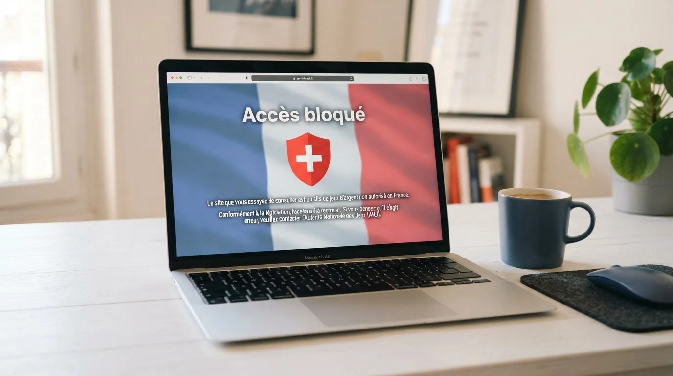 Un écran d'ordinateur affiche un message d'accès bloqué à un site de jeux d'argent non autorisé, sur fond de drapeau français stylisé.