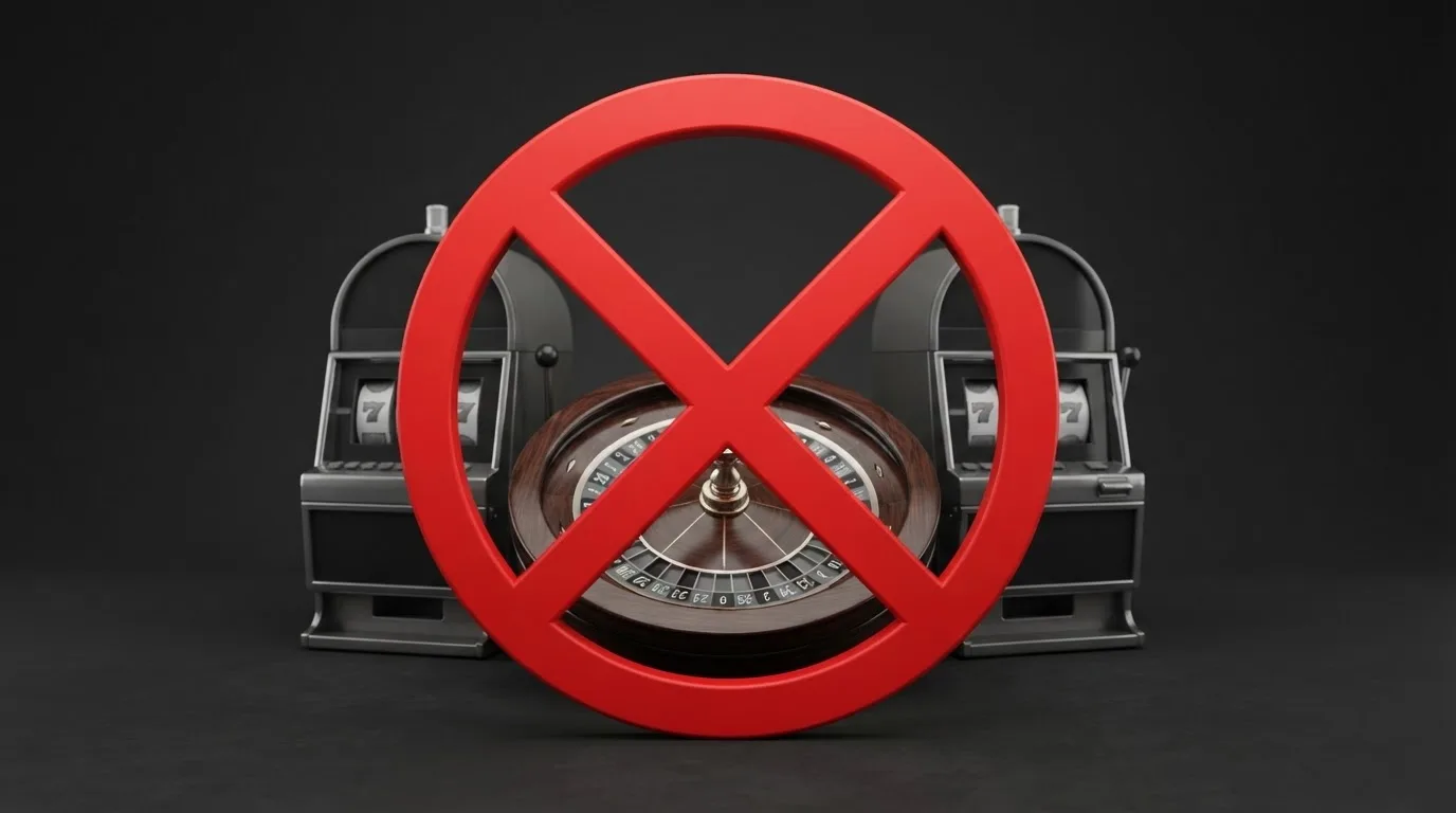 pictogramme d'interdiction superposé à une roulette et des machines à sous, illustrant l'interdiction du casino en ligne en France
