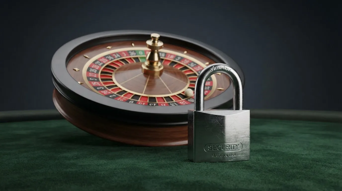 Le logo de l'Autorité nationale des jeux (ANJ) associé à un symbole d'interdiction sur fond de roulette de casino.