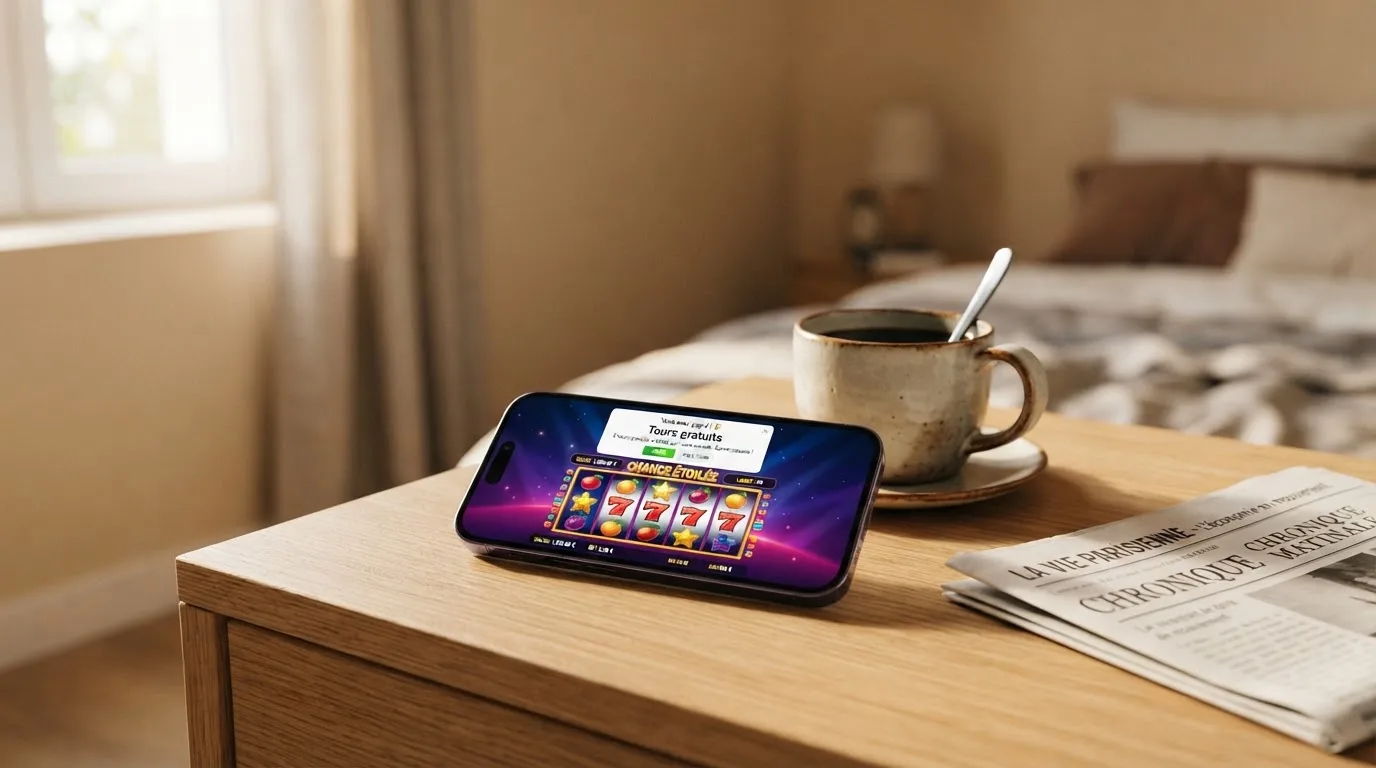 Écran de smartphone affichant l'interface mobile d'un casino en ligne avec une notification de tours gratuits