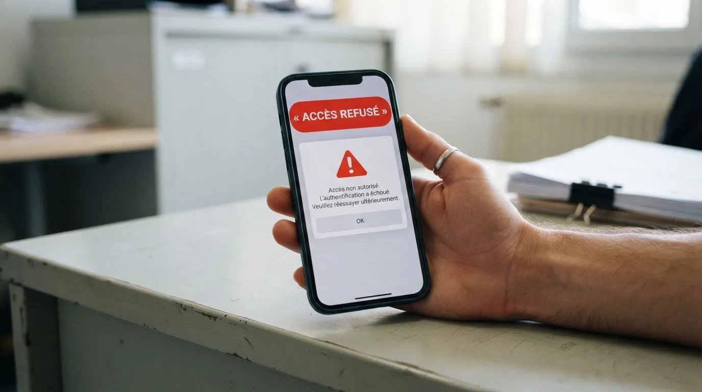 Main tenant un smartphone affichant un écran de blocage de site avec un message d'avertissement rouge, dans un décor évoquant un bureau administratif français.