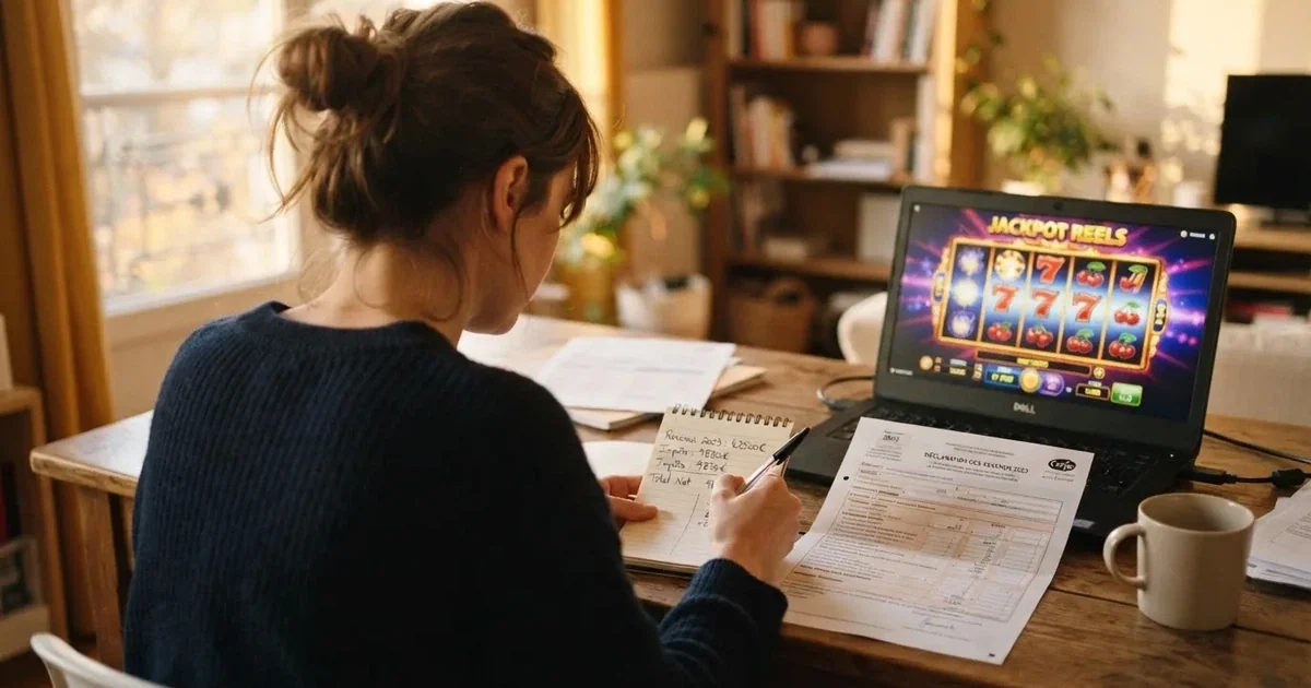 Une calculatrice et une déclaration de revenus française posées à côté d'un écran affichant un jeu de casino en ligne