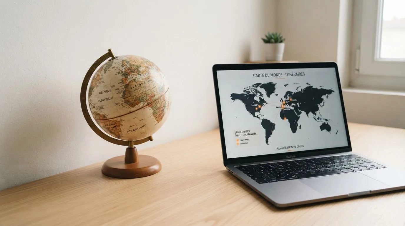 Un globe terrestre posé à côté d'un ordinateur portable affichant une carte du monde.