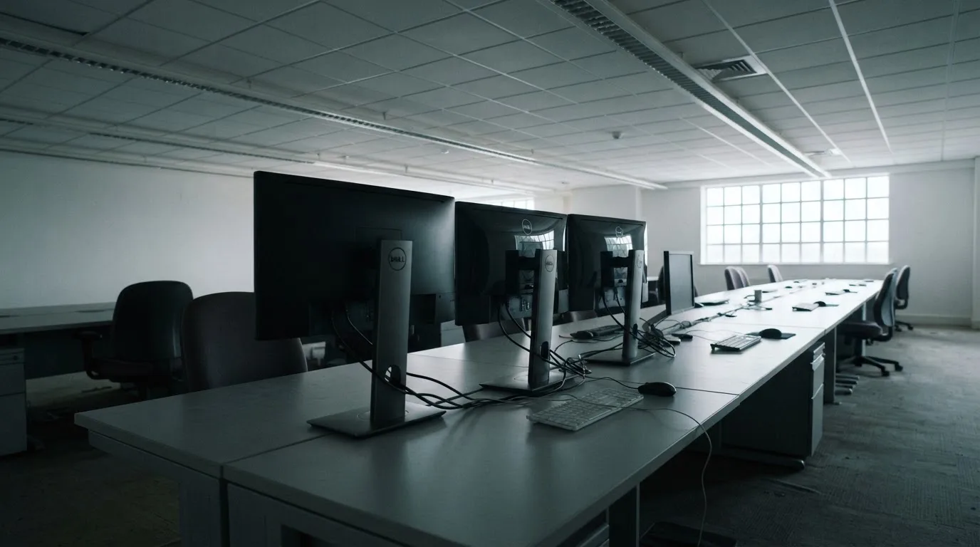 Une rangée d'écrans d'ordinateur éteints dans un bureau vide.