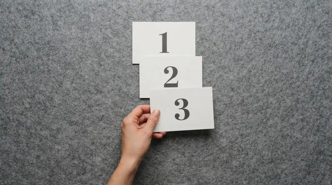 overhead flat-lay of a hand ranking printed casino logos on numbered cards on a desk