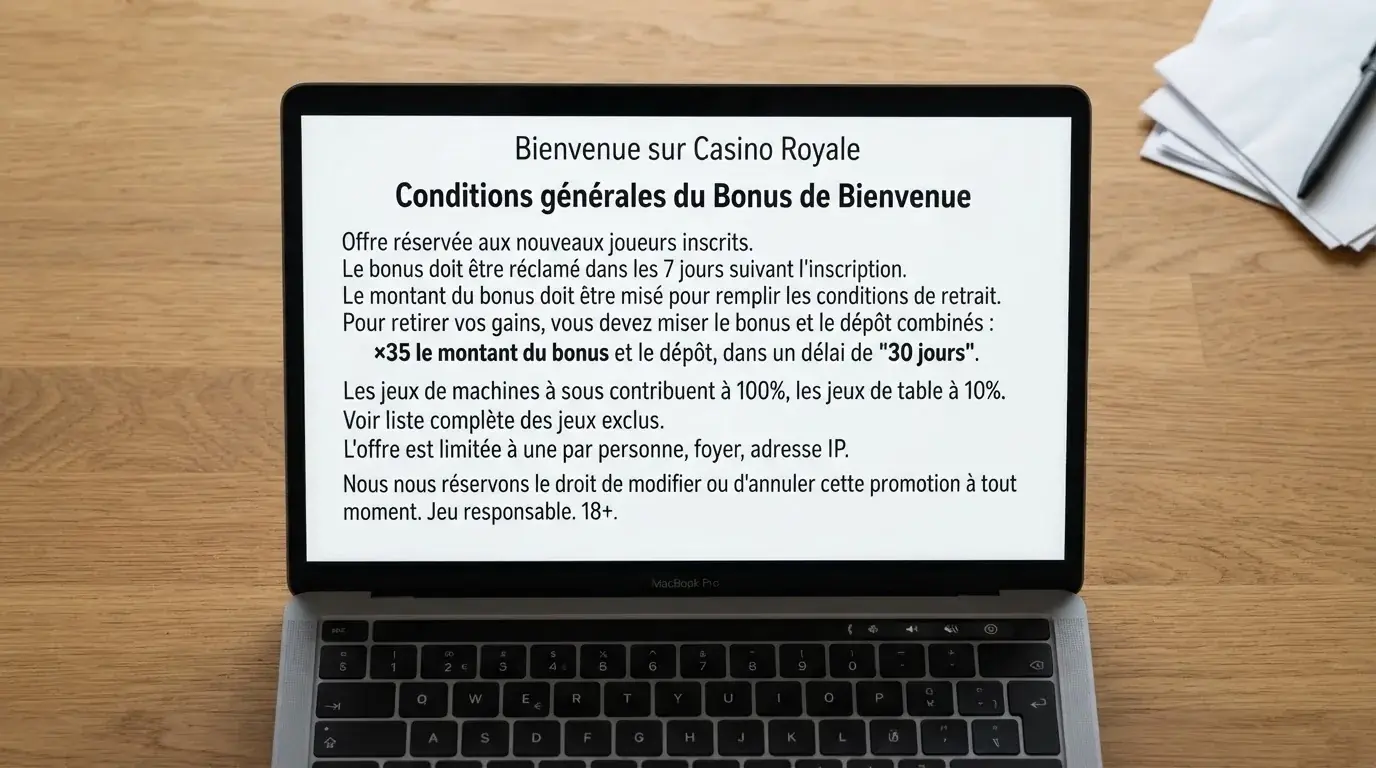 Capture d'ecran des conditions generales d'un bonus de bienvenue en ligne