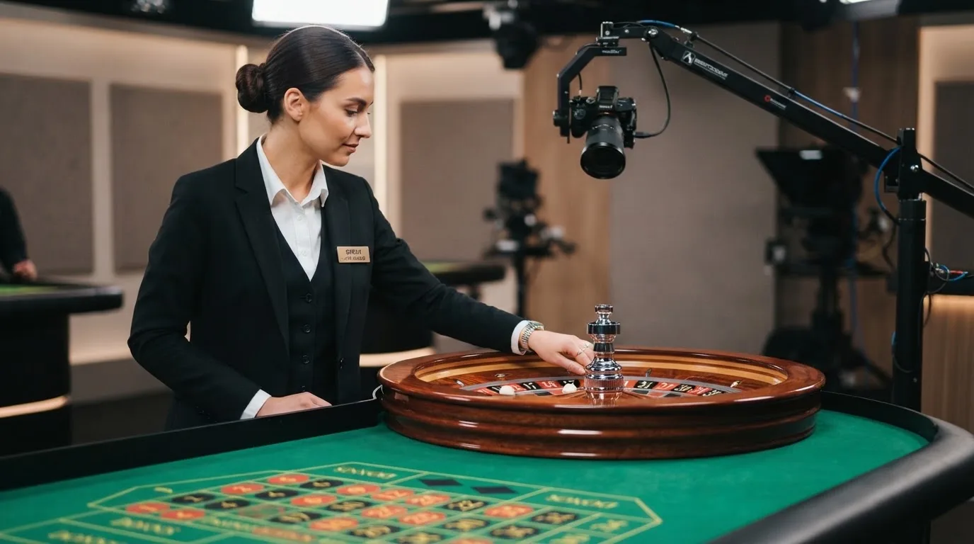 a live dealer standing at a roulette wheel under studio lighting, streaming camera visible above the table
