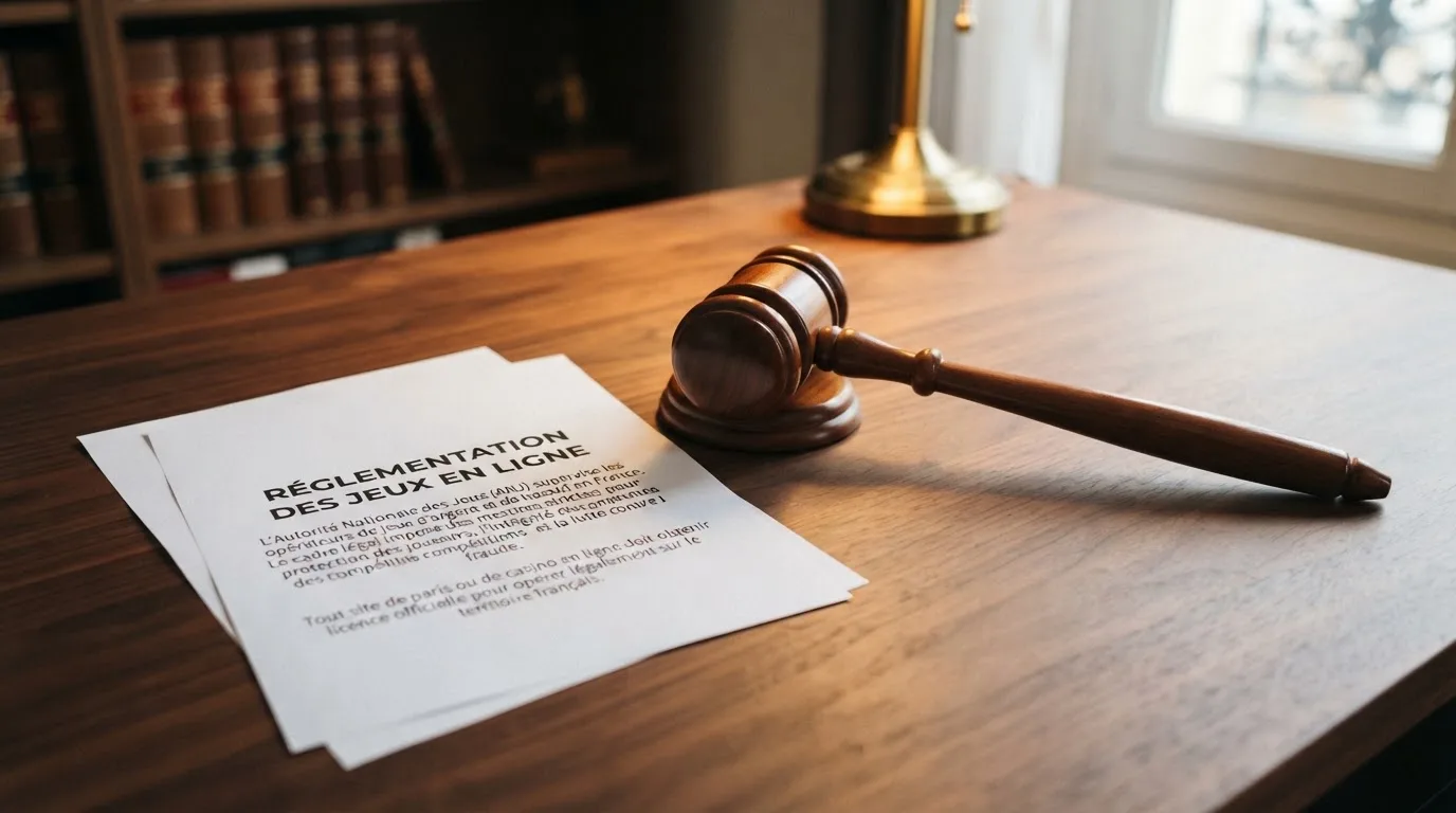 A gavel resting beside official regulatory documents on a wooden desk
