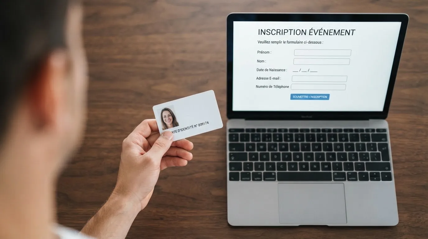 Close-up of a hand holding an identity document next to a laptop showing an online registration form