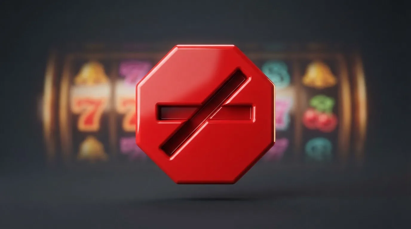 a red official-style stop/prohibition icon overlaid on a blurred casino slot-reel background