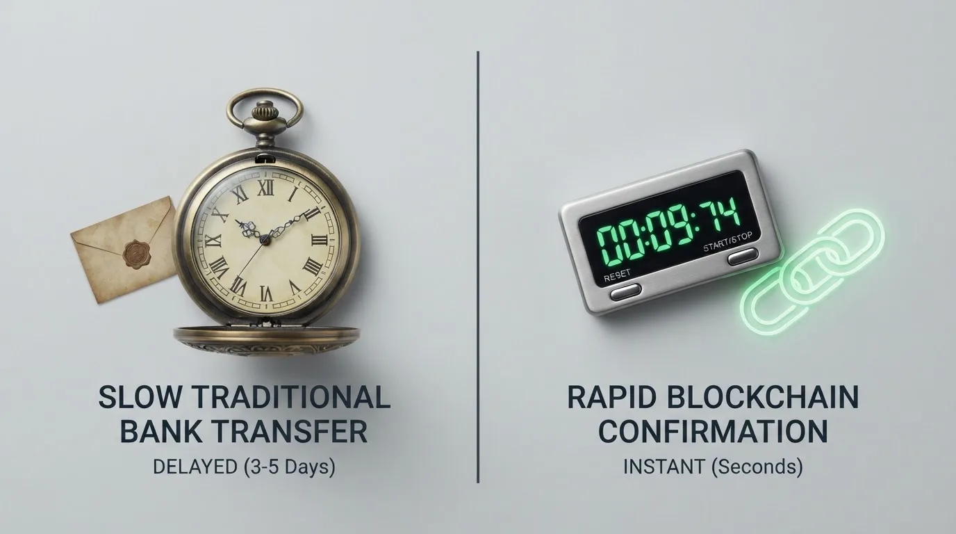 a split-screen graphic comparing a slow bank-transfer icon against a fast blockchain-transfer icon with a stopwatch