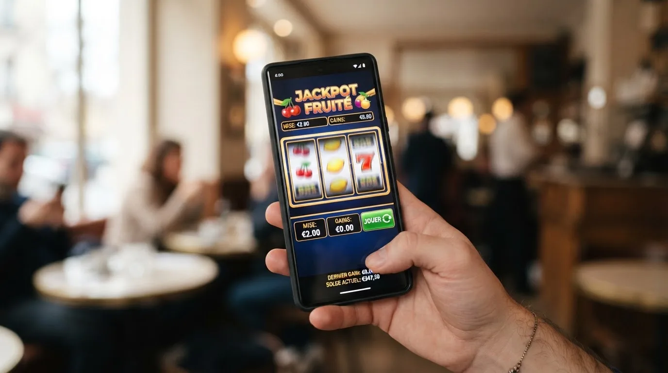 rouleaux d'une machine à sous en gros plan sur un écran de smartphone