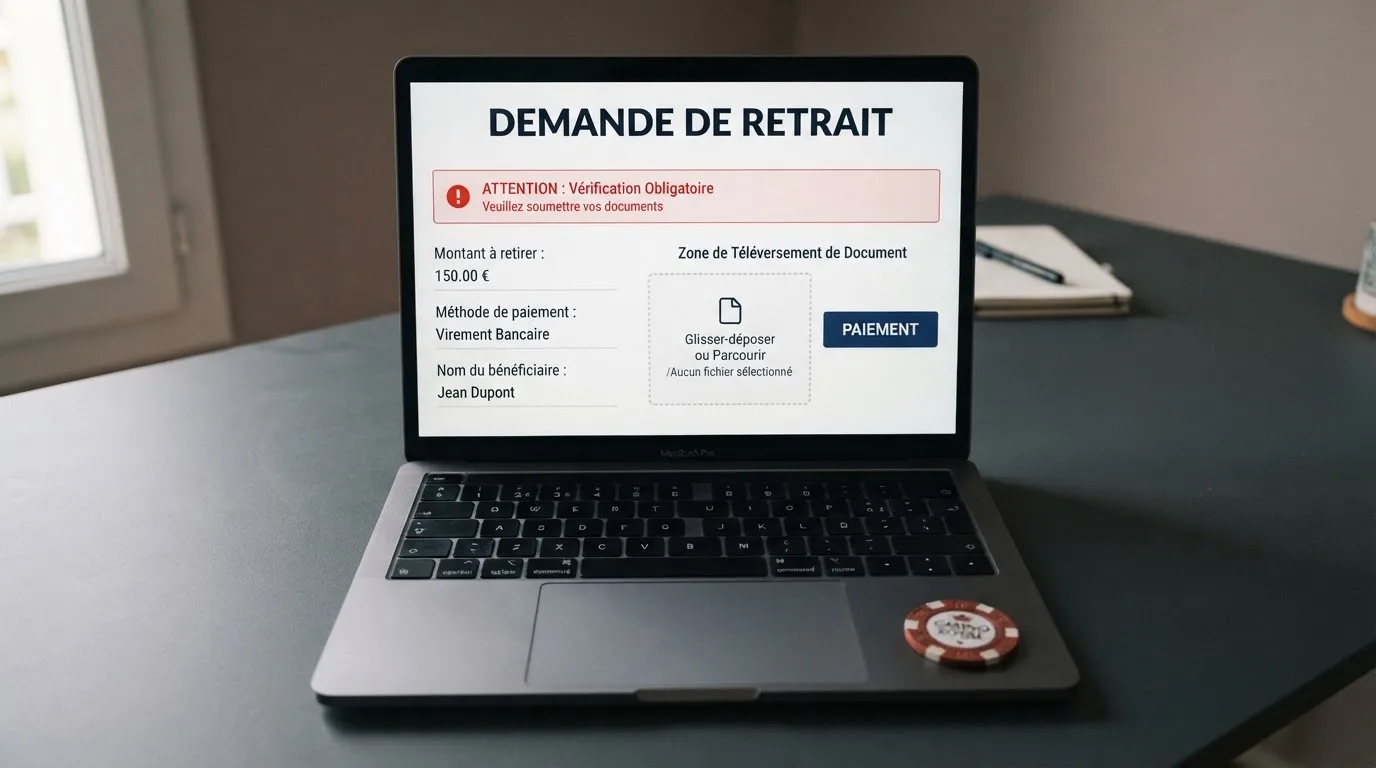Formulaire de retrait en ligne affichant une demande de justificatif avant validation du paiement